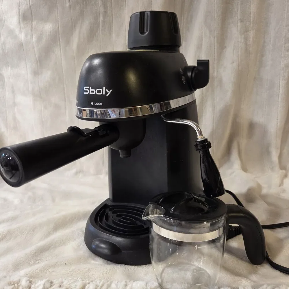 Sboly Black Espresso Machine for Ground Coffee 4-Cup Steam Wand Analog